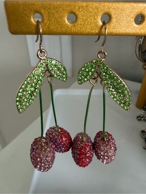 Crystal Cherry Drop Earrings in Green and Pink
